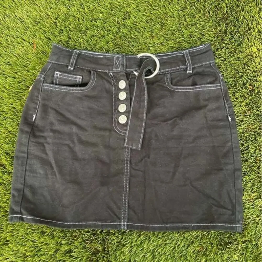 BDG‎ Urban Outfitters Black Denim Mini Skirt Button Fly Belted Sz S